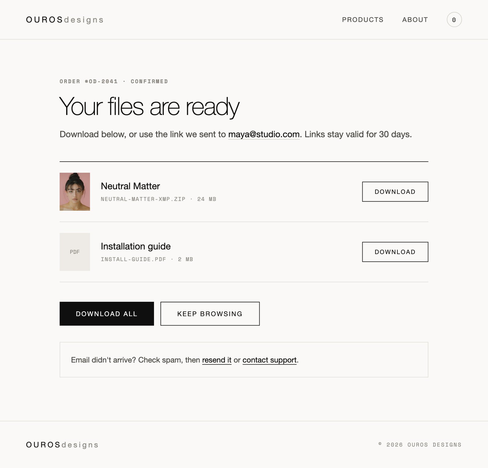 Order confirmation screen listing purchased files with download buttons and a resend option.
