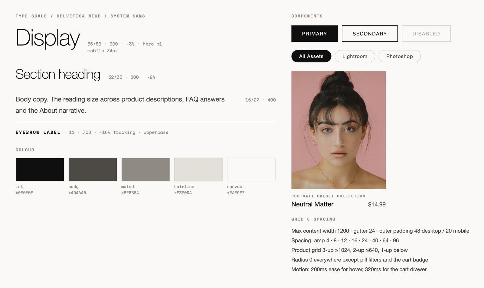 Design foundations sheet: type scale, five-colour palette, buttons, filter pills, product card, grid and spacing rules.