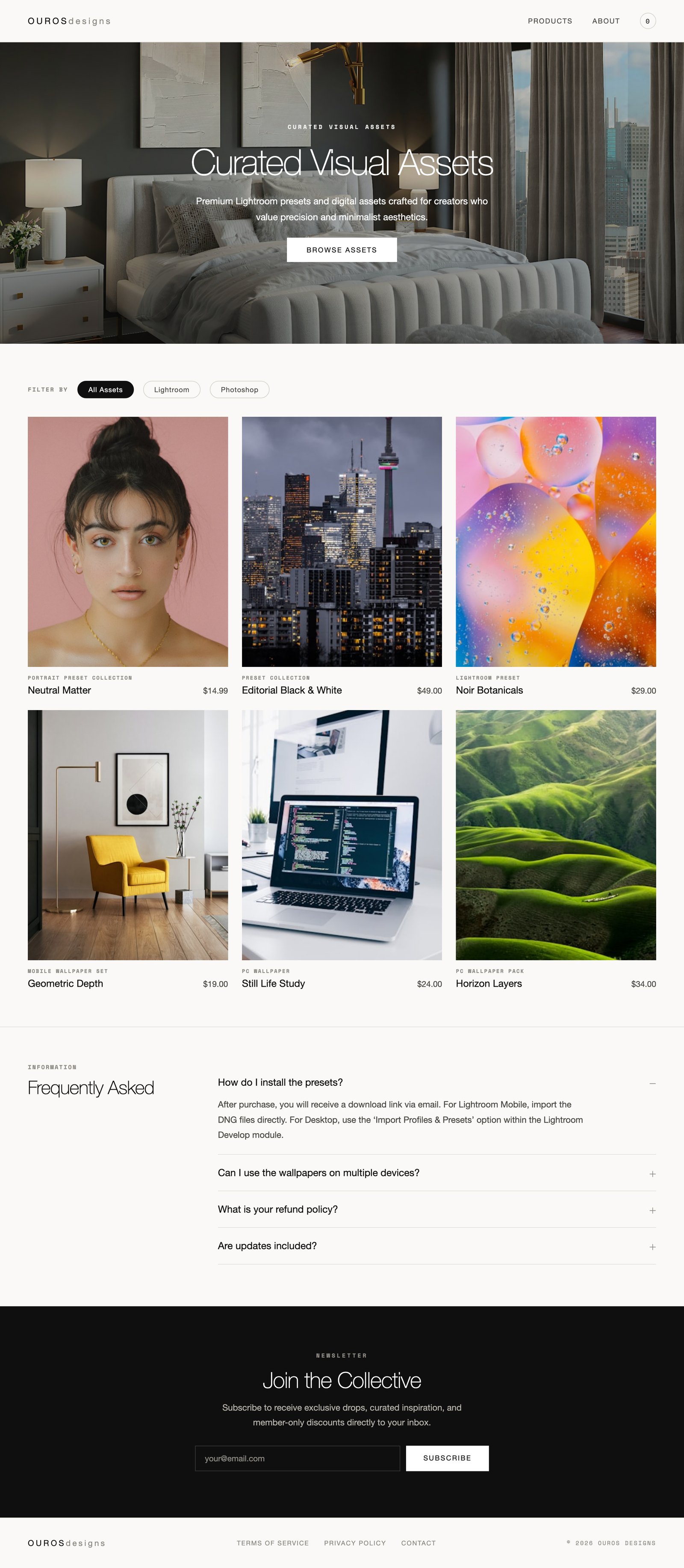 Hi-fi wireframe of the Ouros Designs home page at 1280 wide.