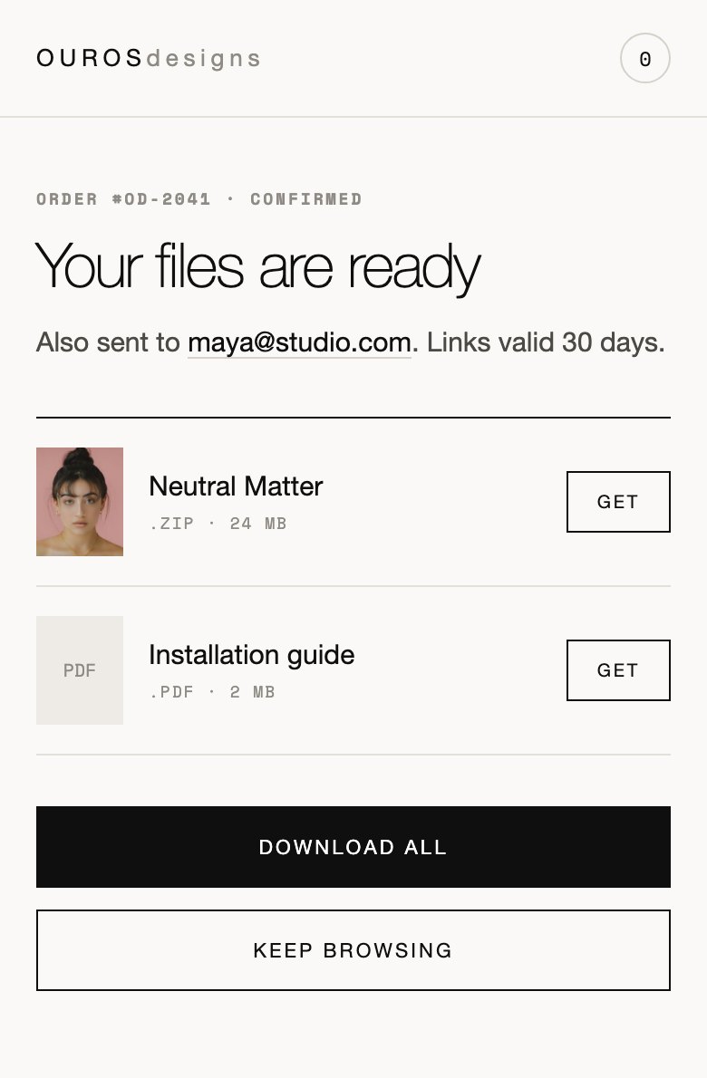 Mobile confirmation screen listing purchased files with download buttons.