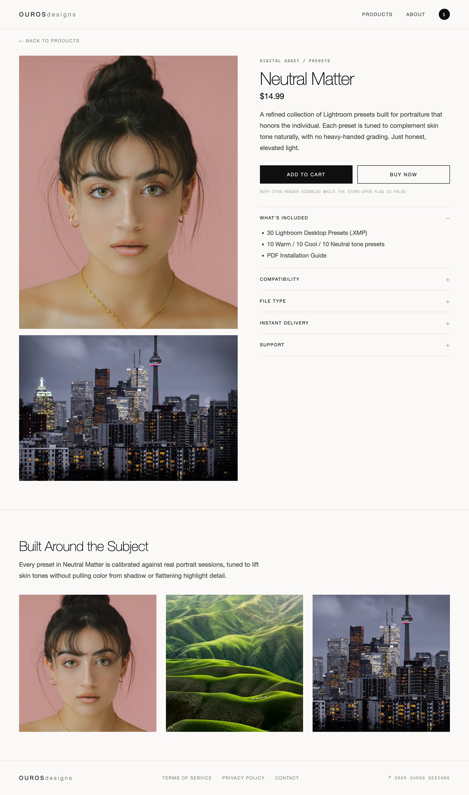 Hi-fi wireframe of a product detail page for the Neutral Matter preset collection.