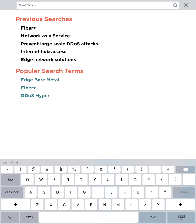 Full-screen search overlay in its empty state, listing previous searches and popular search terms above the device keyboard