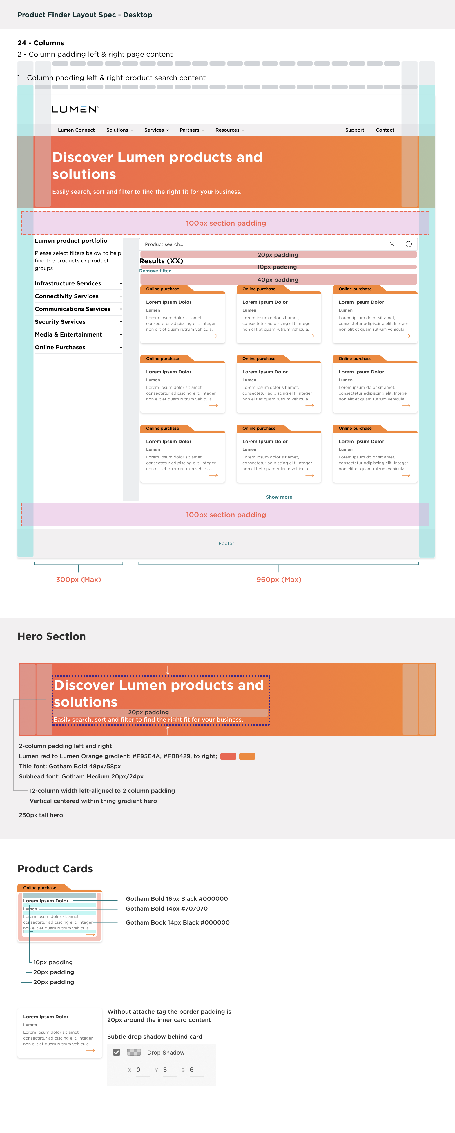 The Product Finder desktop layout spec: grid overlay with column and padding annotations, a hero section sheet with gradient and type values, and a product card sheet with padding and drop shadow values