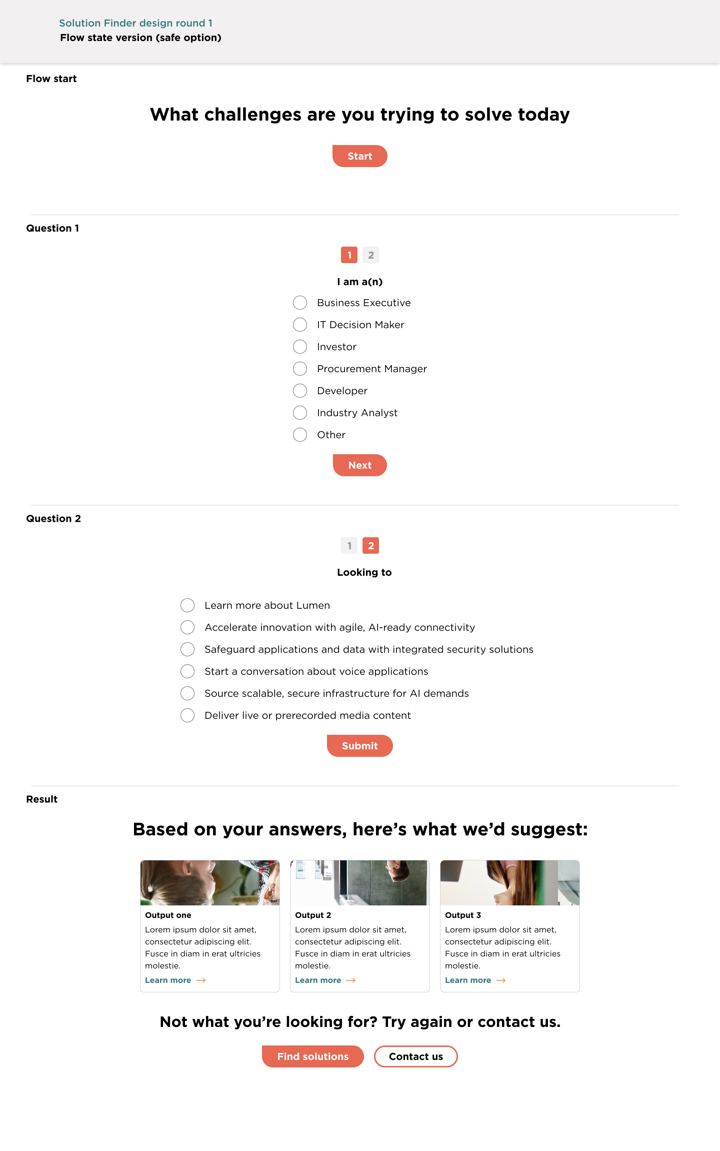 Direction C: a stepped flow with a start screen, question one, question two with a 1-2 progress indicator, and a result screen