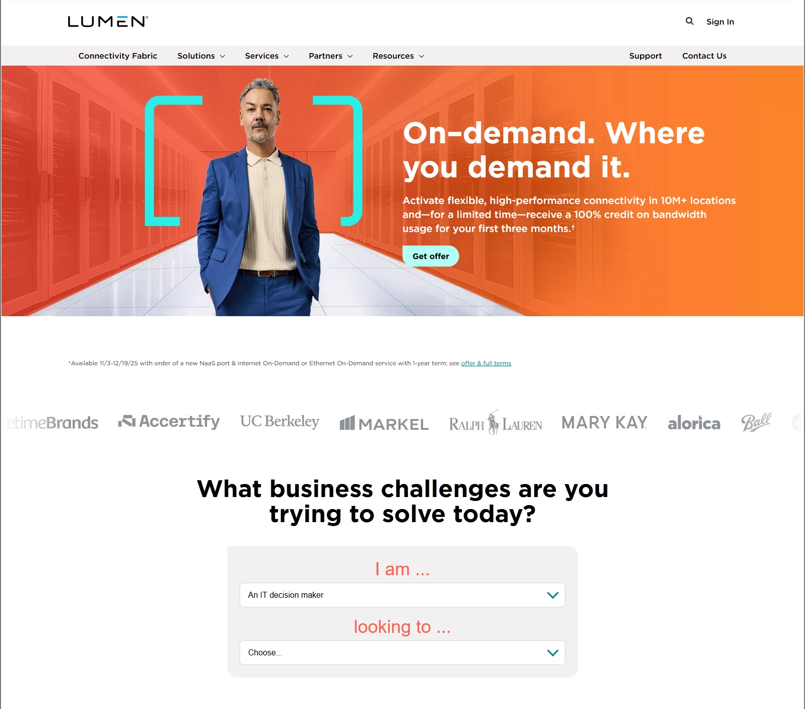 The Lumen homepage with Solution Finder live directly below the hero banner, showing the I am and looking to dropdowns